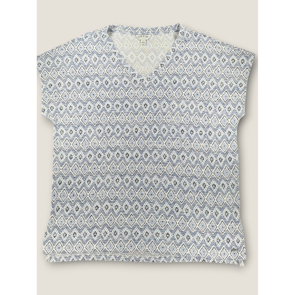 Orvis Classic Collection Top Large L Blue White Geometric Knit Short Sleeve